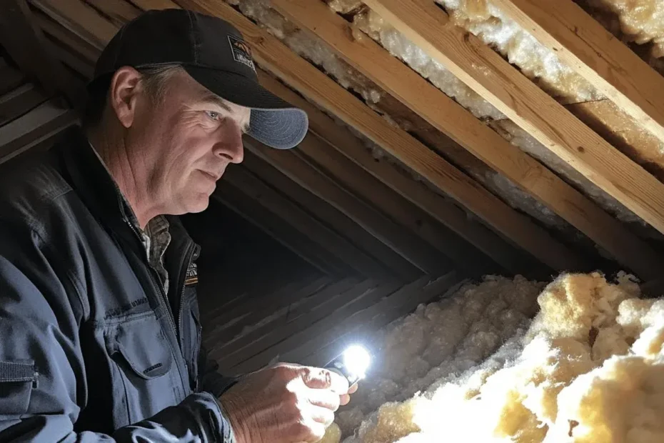 Attic Inspection insulation and rafters shown